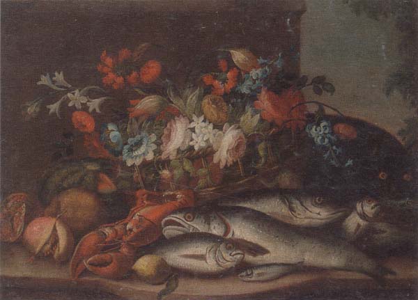 unknow artist Still life of a basket of flowers,fruit,lobster,fish and a cat,all upon a stone ledge